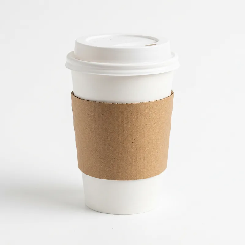 Brown kraft corrugated sleeve fitted around a white takeaway coffee cup