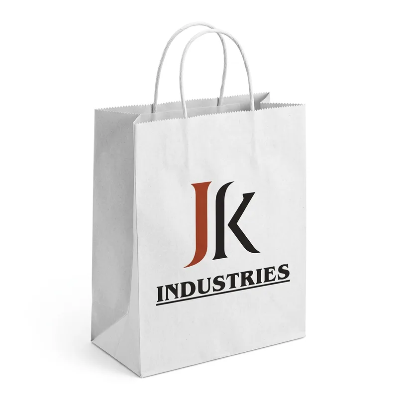 White kraft twisted-handle paper bag custom printed with the J K Industries logo
