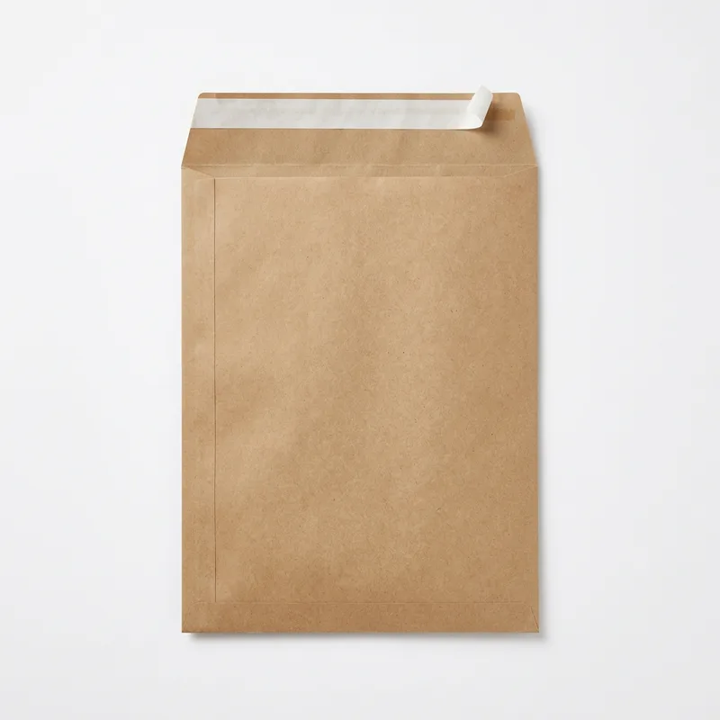 Brown kraft paper mailer bag lying flat, with a peel-and-seal adhesive strip on the closing flap