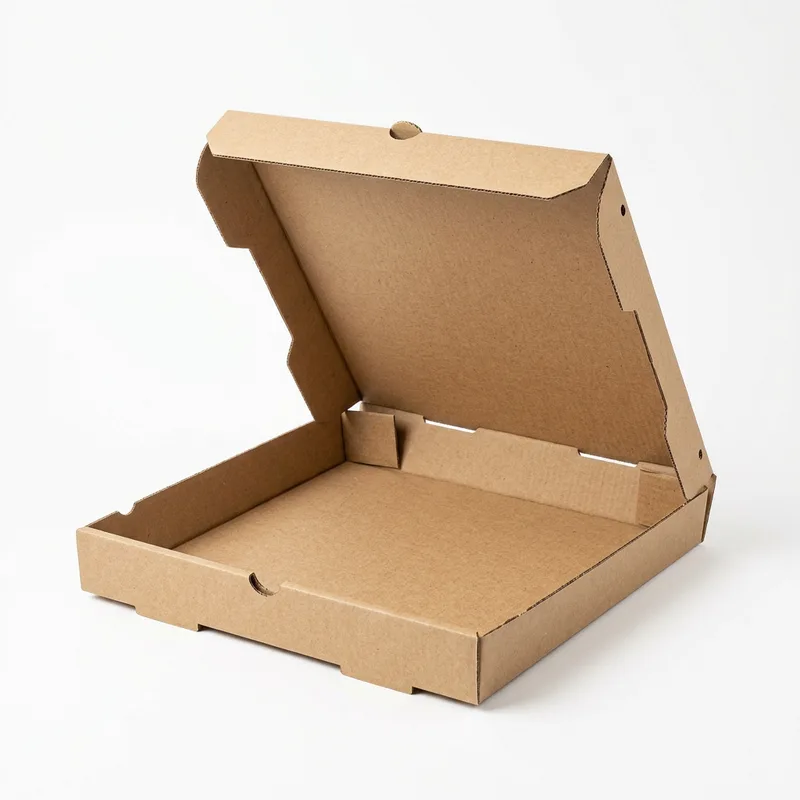 Brown kraft E-flute lock-corner pizza box with the lid open