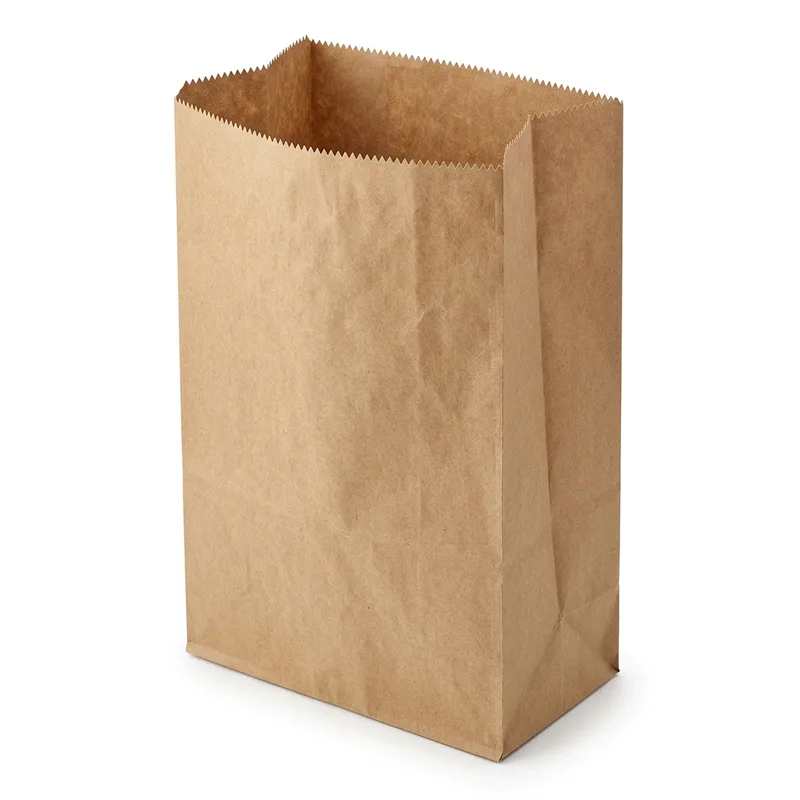 Brown kraft SOS paper bag standing open on its flat block bottom, with gusseted sides and a serrated top edge