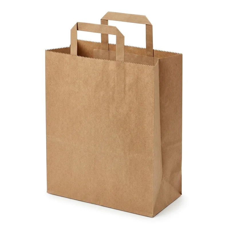 Brown kraft square-bottom paper bag with flat paper handles and a serrated top edge, standing open