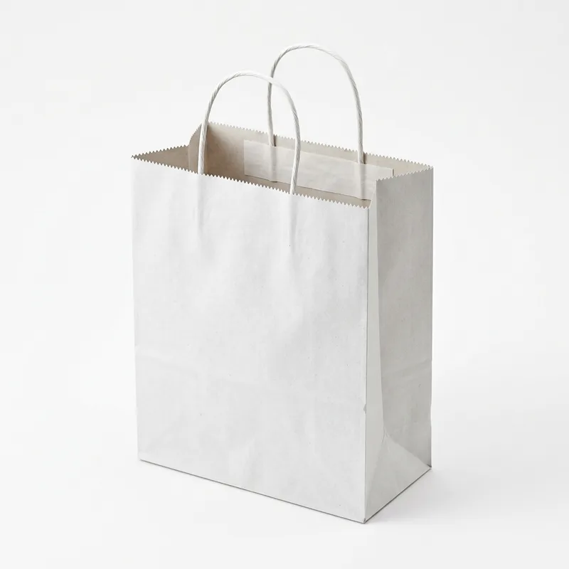 White kraft square-bottom paper bag with white twisted paper handles and a serrated top edge, standing open