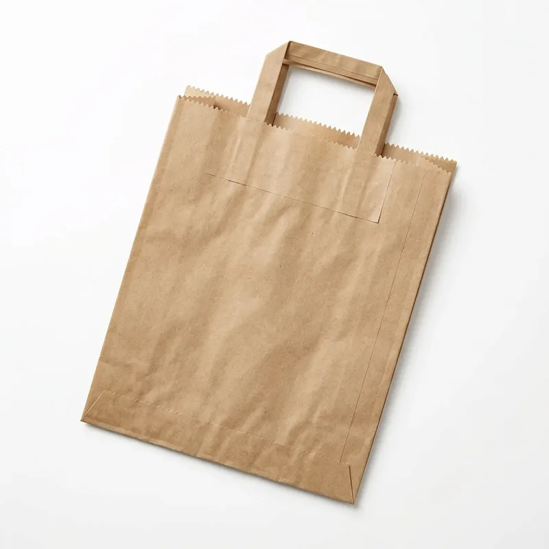 Brown kraft V-bottom paper bag with flat paper handles, lying flat to show its gusset creases and serrated top edge