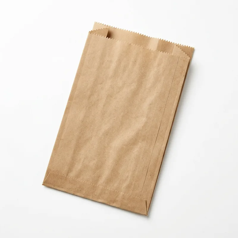 Empty brown kraft V-bottom paper pouch lying flat, with side gusset creases and serrated front and back top edges