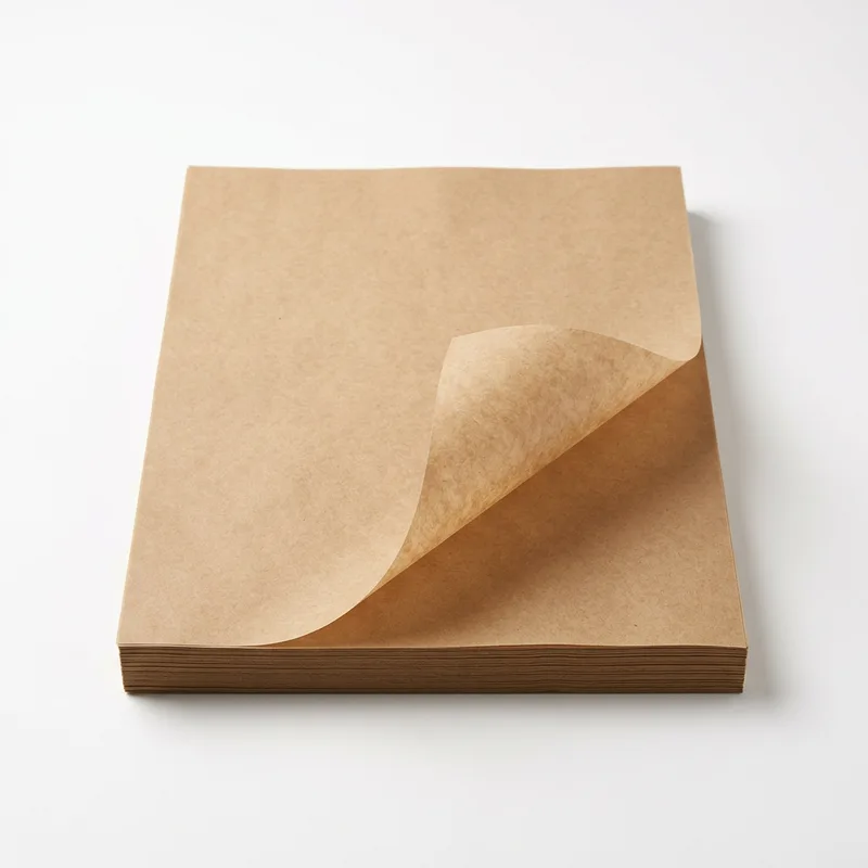 Stack of brown kraft food wrapping paper sheets with the top sheet corner curled back
